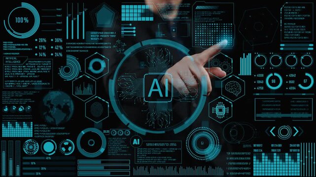 A sleek, dark-themed user interface showcasing AI-driven data analytics with graphs and statistics, presented by a businessman interacting with advanced digital elements. Cipher