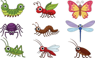 Cute Cartoon Insects Collection with Butterfly Dragonfly Ant Grasshopper Spider and Colorful Bug Characters Vector Illustration © Md