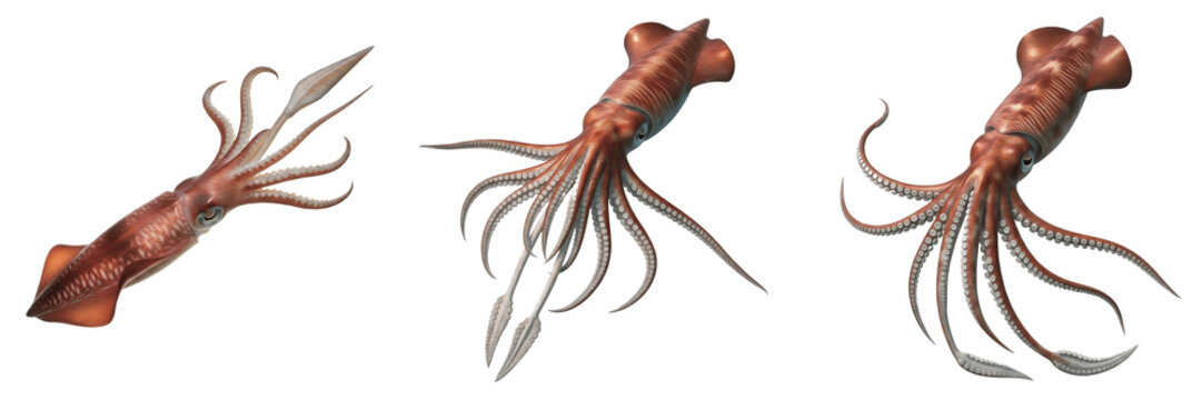 Giant squid isolated on white background, Architeuthis dux, deep sea giant squid, deep ocean cephalopod, marine tentacles, underwater squid, squid macro, ocean wildlife photo, squid closeup, deep ocea
