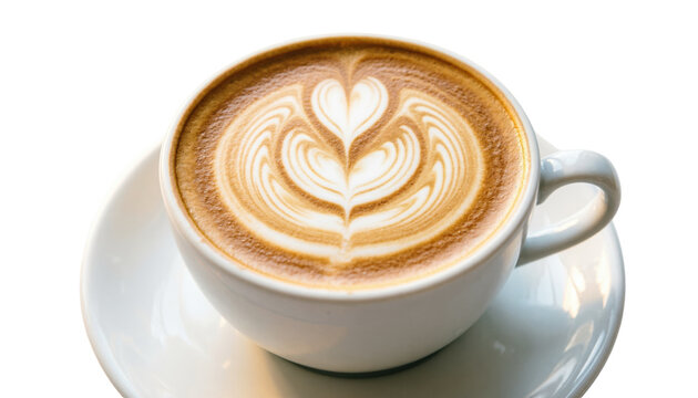 Latte art in a white cup isolated PNG, coffee drink with heart design on transparent background for cafe menu and beverage concepts