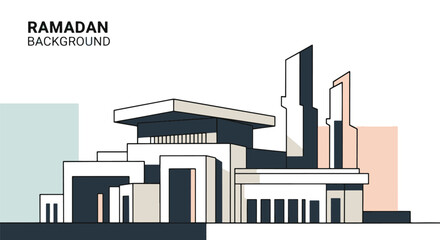 Naklejka premium A minimalist illustration of a modern mosque with clean lines and geometric shapes, perfect for Ramadan background design and Islamic themes. Islamic Background