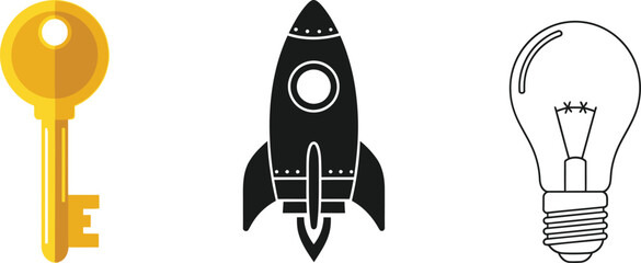 Naklejka premium Business Icon Set featuring Rocket Launch, Light Bulb Idea, and Key to Success – Modern Flat Vector Graphics for Startups, Innovation, and Corporate Strategy Concepts