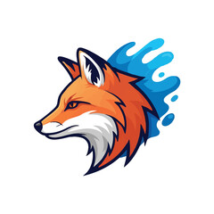 Obraz premium Stylized fox head logo with sharp features, orange and white fur, blue water splash effect, dynamic and energetic, vector art