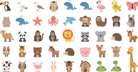 Fototapeta premium Cute Animal Mega Collection Cartoon Set with Farm Safari Forest Ocean and Zoo Animals Vector Illustration