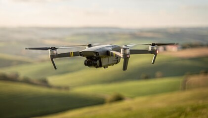 Medium closeup of a drone navigating over rolling countryside hills the camera sharply locked on the aircraft while the green fields and farms below soften into a gentle blur.