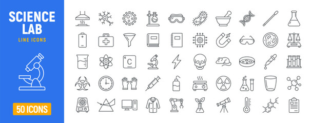 Laboratory microscope research chemistry dna chemical icon set. Chemistry lab experiment medicine development line icon set © kolonko