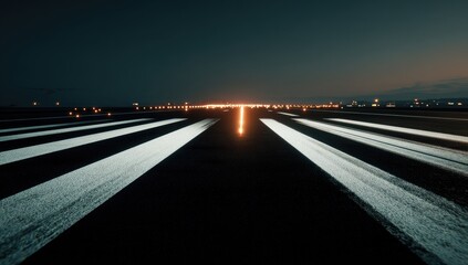 Obraz premium Illuminated runway at night, guiding lights converge in the distance