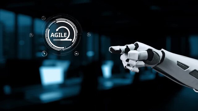 A futuristic robotic hand points towards agile technology icons, symbolizing innovation and automation in a modern office environment, emphasizing digital transformation. Synapse