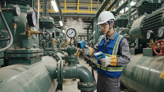 Technician checks industrial equipment using a handheld thermal imager near gauges and steam