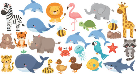 Obraz premium Cute Safari and Ocean Animals Cartoon Mega Set with Lion Elephant Whale Dolphin Shark and Zebra