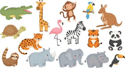 Naklejka premium Cute Safari and Zoo Animals Cartoon Set with Elephant Giraffe Tiger Panda and Crocodile