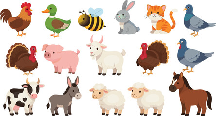 Cute Farm Animals Cartoon Set with Cow Pig Sheep Goat Horse Chicken and Duck © Md