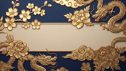 深い紺色を背景に、きらきらと輝く黄金の龍や桜、牡丹が立体的に施された和風のフレームです。中央の広々とした空白はメッセージを際立たせ、見る者に希望と繁栄を感じさせる高級感あふれる仕上がりです。お祝い事など特別な場面を華やかに彩ります。