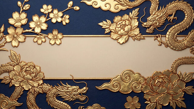 深い紺色を背景に、きらきらと輝く黄金の龍や桜、牡丹が立体的に施された和風のフレームです。中央の広々とした空白はメッセージを際立たせ、見る者に希望と繁栄を感じさせる高級感あふれる仕上がりです。お祝い事など特別な場面を華やかに彩ります。