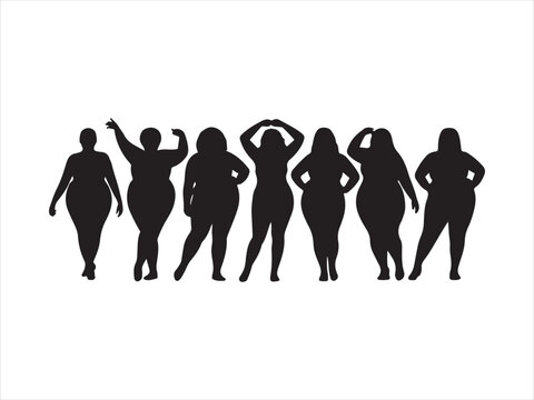 Curvy Women Body Positive Silhouette Collection. 
Black silhouette vector of curvy plus size women vector illustration