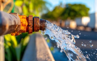 Fototapeta premium Rusted Pipe Spraying Water in Bright Outdoor Setting