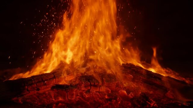 Close-up of Burning Logs and Glowing Embers in a Warm Fireplace