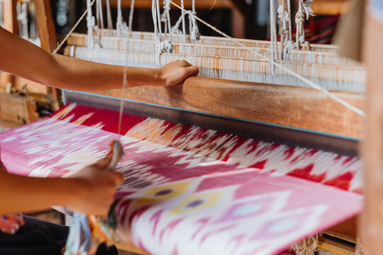Hand Weaving Colorful Textile on Loom