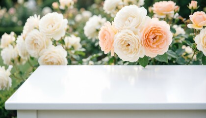 Obraz premium White Table with Peach and Cream Roses in Garden