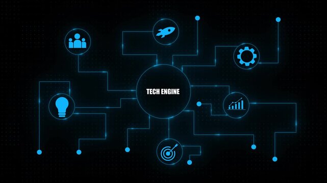 Tech Engine Concept with Infographic and on Dark Background technology innovation business