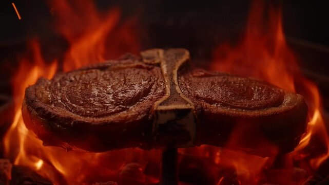 Rotating close-up of a T-bone steak sizzling over hot charcoal flames
