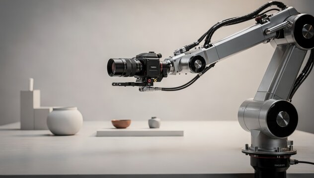 Detailed medium shot featuring the robotic camera arm adjusting angles for a tabletop product display highlighting the exactness of its mechanical limbs with background blur.