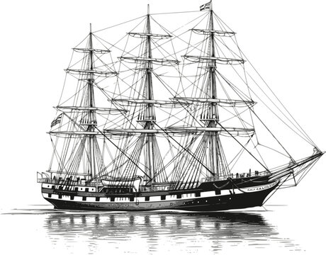 Majestic yacht sailing ship with large sails, cruising on the ocean waves, drawn in an engraved, woodcut style sketch engraving vector illustration. Scratch board. Transparent background EPS version.