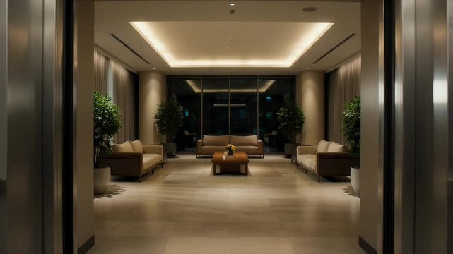 Elevator opens to a modern lobby with sleek furniture and lush greenery in a well-lit interior space