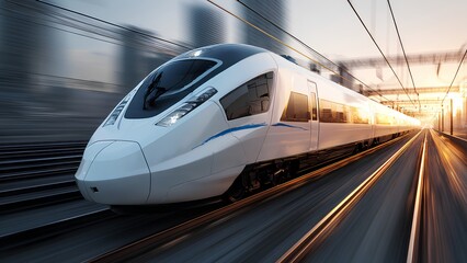 Fototapeta premium Modern High Speed Train Running on Railway at Sunset, Motion Blur Transportation Technology Concept