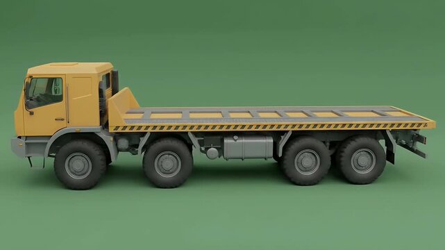 Yellow Heavy Duty Flatbed Truck with Multiple Axles on Green Background