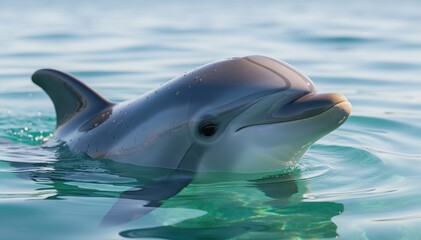 Fototapeta premium Gentle Marine Embrace: A close-up portrait of a Bottlenose dolphin gracefully navigating the clear, turquoise waters, its sleek form a testament to marine elegance.