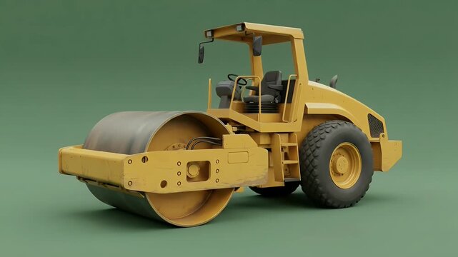 Yellow Road Roller Compactor Isolated on Green Background