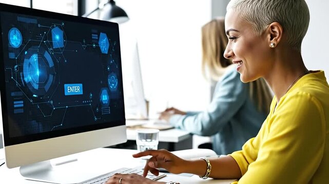 Empowered Woman at Work: A woman, brimming with focus and drive, engages with sophisticated digital interfaces, a testament to her tech-savvy proficiency in the dynamic world of innovation.
