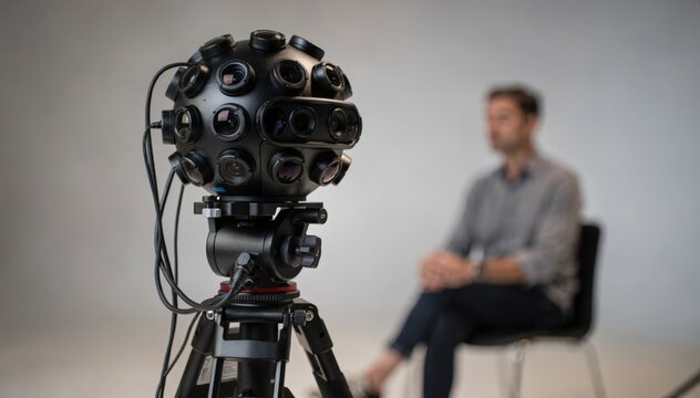 Side view of a professional spherical VR camera system actively filming a documentary interview camera in clear focus and subject slightly blurred emphasizing the tech equipment.