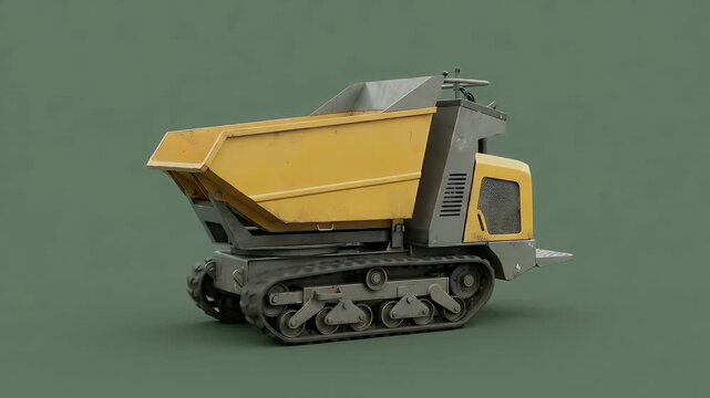 Compact Tracked Dumper with Yellow Bucket Isolated on Green Background for Construction and Material Handling