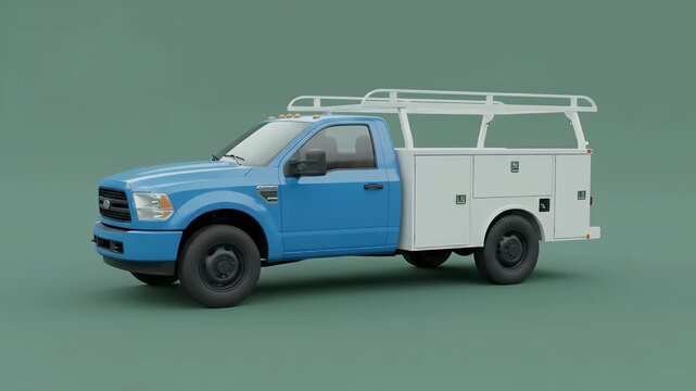 Blue Service Utility Pickup Truck with Tool Boxes and Rack Isolated on Green for Construction and Maintenance