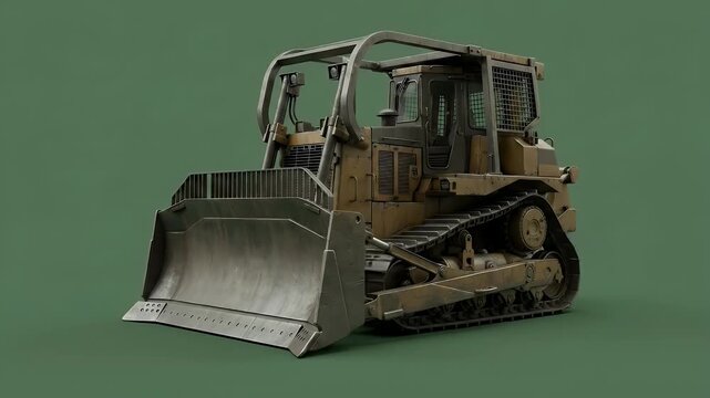 Heavy Duty Tracked Bulldozer with Large Blade Isolated on Green Background for Earthmoving and Construction