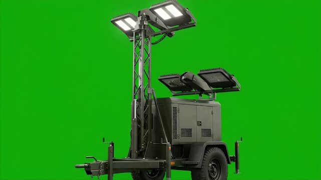 Portable mobile light tower with solar panels on green screen. Powerful construction or emergency lighting equipment.
