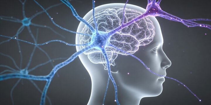 3D human head profile with transparent brain and glowing neuron synapse connections, neuroscience and AI technology concept background