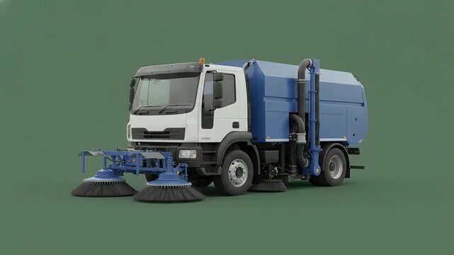 Blue and white municipal street sweeper truck for urban cleaning and road maintenance.