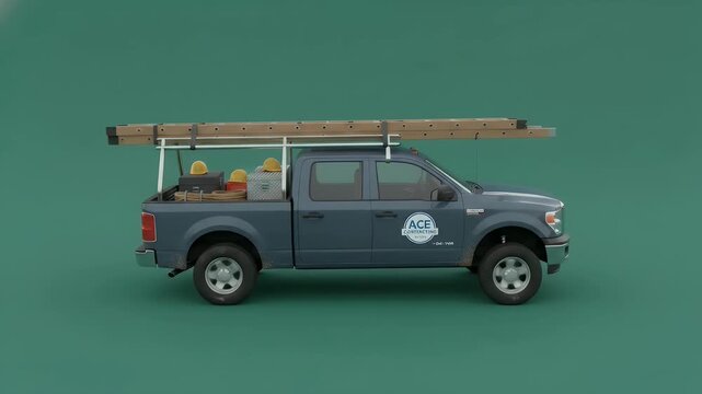 Blue utility pickup truck with ladder rack and tools for construction or service work.