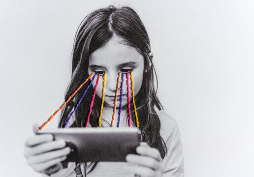 Child Mobile Phone addiction. Colorful Embroidery.