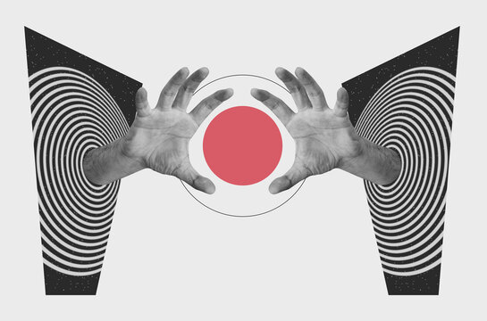 Collage art with a two hands out of portals