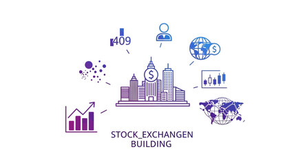 Fototapeta premium Stock exchange building with global finance and data analysis graphics