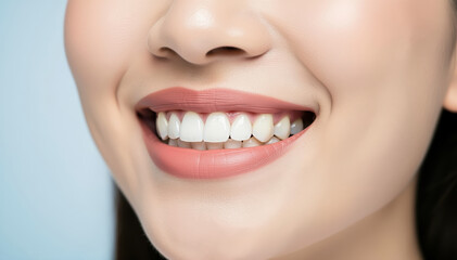 Fototapeta premium Radiant Smile: A close-up view of a woman's perfect, healthy smile, highlighting bright white teeth and full, gently tinted lips. Expressing health and happiness.
