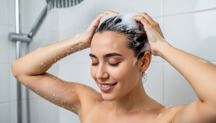 Naklejka premium Revitalizing Ritual: A woman embraces self-care in the shower, lathering shampoo into her hair and enjoying the revitalizing experience.