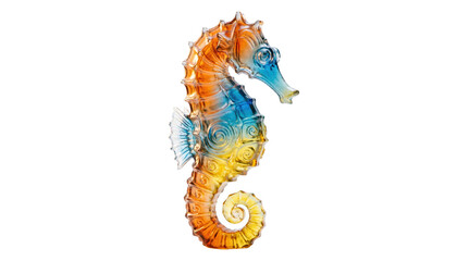 Elegant glass seahorse, colorful marine animal figurine with orange, yellow, and blue hues