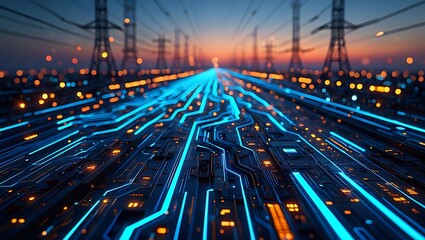 Obraz premium High voltage power lines over urban skyline with glowing digital circuit interface, representing smart grid technology, modern energy infrastructure, electricity transmission, renewable power innovate