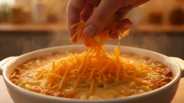 Static shot of hand sprinkling shredded cheddar cheese on hot mac and cheese