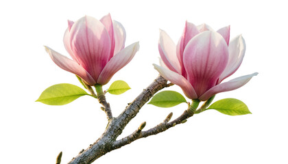 Two pink magnolia flowers on a branch, beautiful blossom with green leaves, spring floral design element